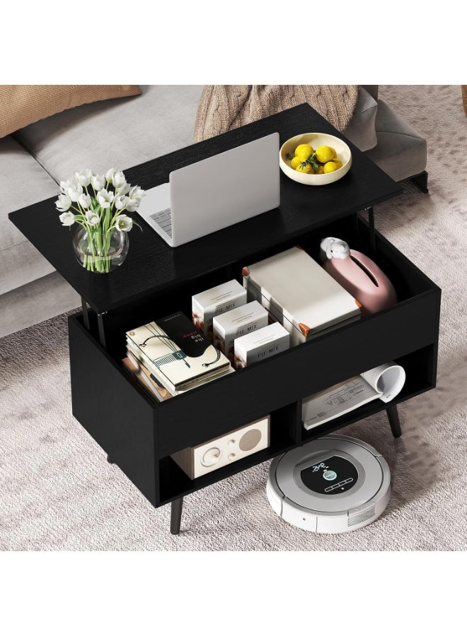 Giantex Lift Top Coffee Table, Wooden Lift Top Dining Table w/Hidden Storage Compartment & 2 Storage Shelves, Raisable Top Coffee Table for Living Room, Study, Office, Meeting Room (Black) - Image 2